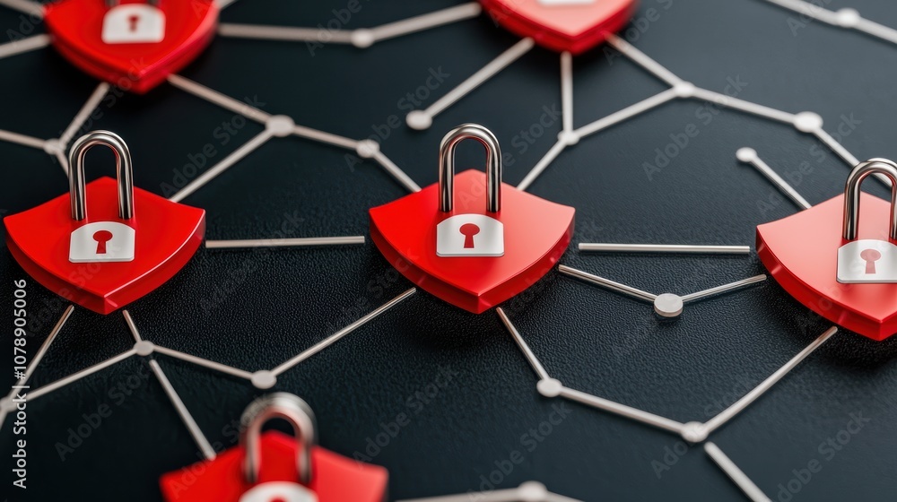Poster digital ecosystem under protection with dynamic shield icons, encrypted systems, and warning visuals
