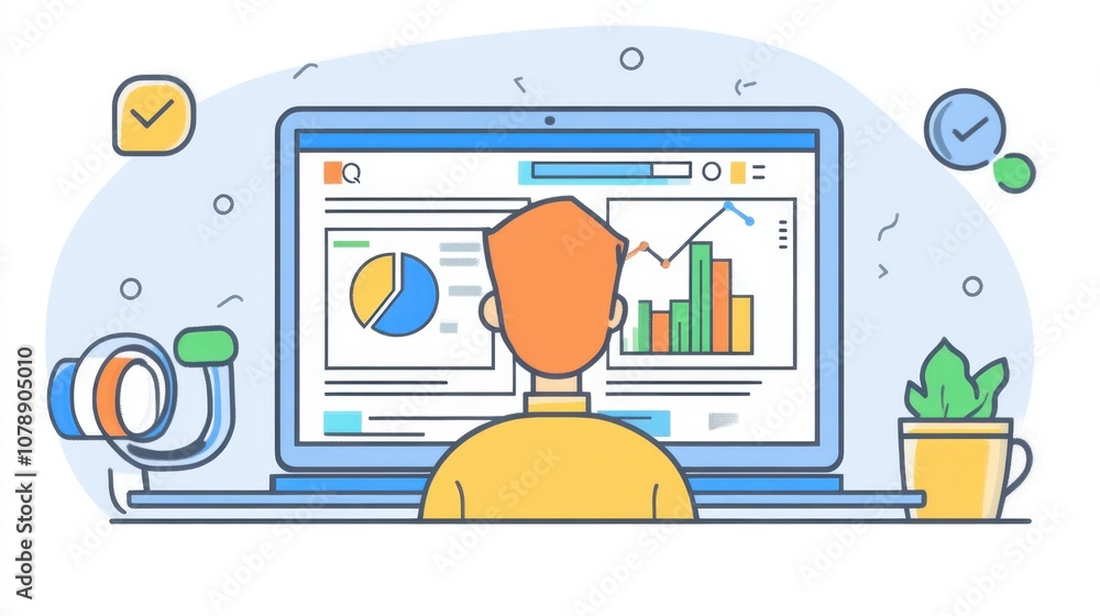 Poster person analyzing data on computer screen surrounded by colorful graphs and charts in a bright and cl