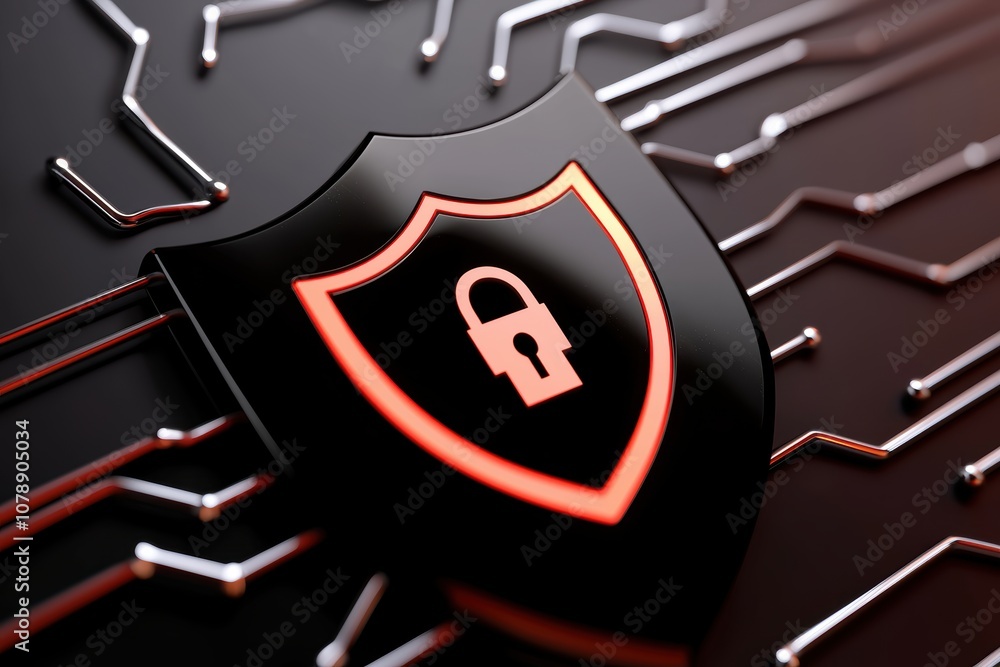 Aufkleber digital protection concept with glowing shield, lock icons, and data streams, emphasizing risk mitig