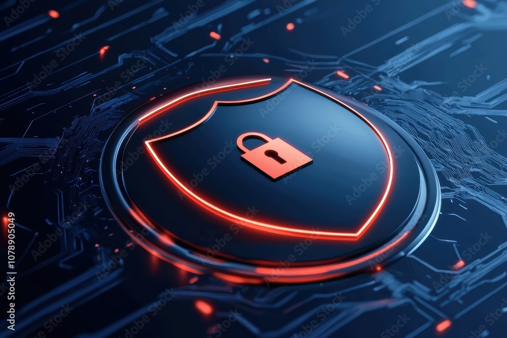 Aufkleber digital protection concept with glowing shield, lock icons, and data streams, emphasizing risk mitig