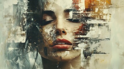 A layered portrait with digital textures, vintage photo overlays, and abstract paint elements, creating a textured, expressive design. Cinematic Scene, 4k resolution, cinematic scene