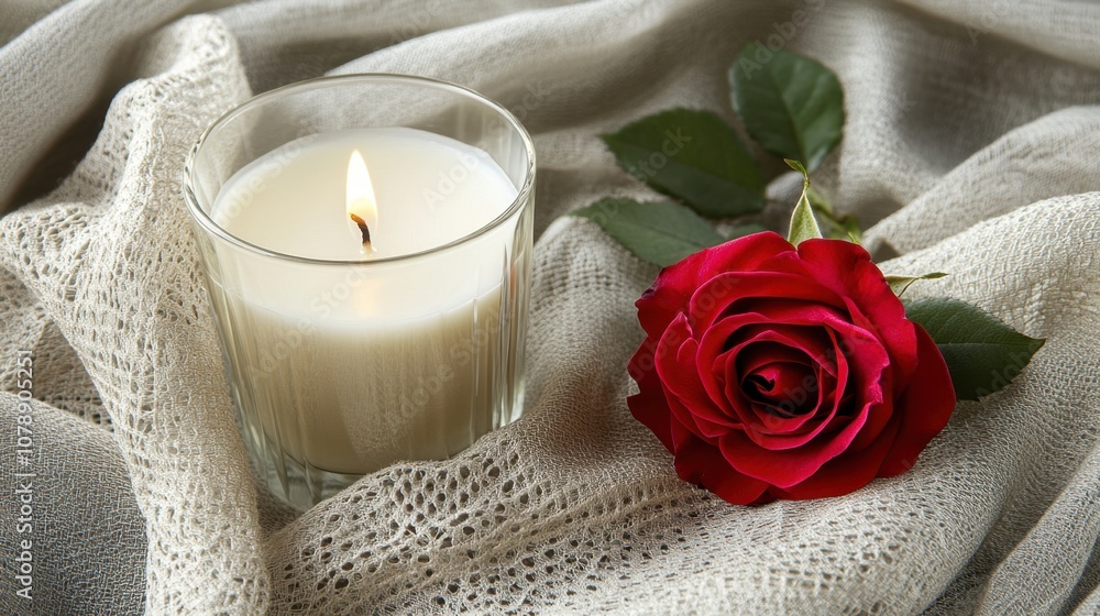 Aufkleber romantic candlelight with a red rose on soft fabric background creating an intimate atmosphere for s