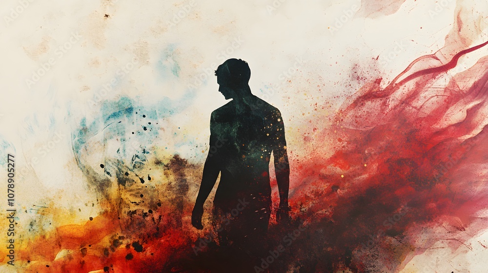 Poster a digital artwork combining abstract human silhouettes with layered watercolor splashes and textured