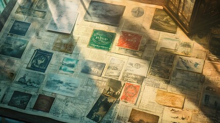 A digital artwork featuring layered vintage stamps, textured maps, and watercolor accents, creating a nostalgic, travel-inspired composition. Cinematic Scene, 4k resolution, cinematic scene