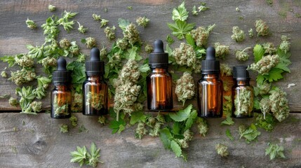Various Glass Dropper Bottles Surrounded by Fresh Green Leaves and Dried Cannabis Buds on Rustic Wooden Surface