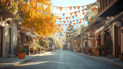 Obraz premium Greece Independence Day festivities with street vendors, music, and colorful flags creating a festive atmosphere