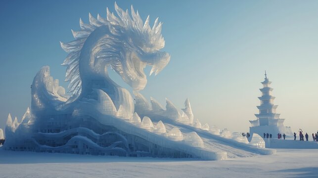 Ice dragon and pagoda sculptures at harbin international ice and snow sculpture festival