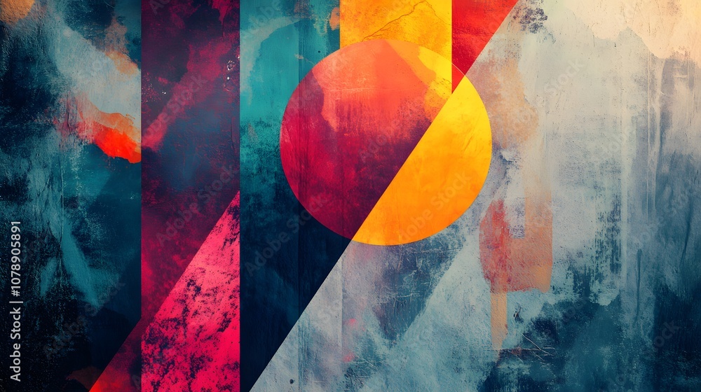 Poster a collage combining abstract geometric patterns with colorful paint splashes and layered textures, c