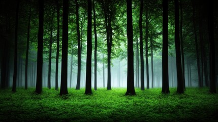 Naklejka premium Misty Ancient Forest with Tall Trees