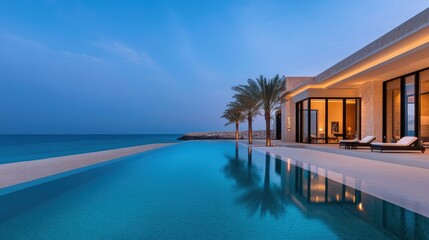 Serene Twilight Oasis with Palm Trees and Pool