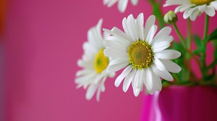 Fototapeta premium Daisy in a Pink Background Vase - a charming and delicate visual. The daisy in a vase set against a pink background creates a soft and elegant scene.