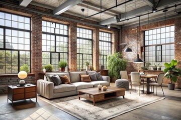 Industrial loft interior, exposed brick walls, large factory windows, high ceilings, pendant lighting, modern furniture, beige sectional sofa, wooden coffee table, potted plants, industrial chic decor