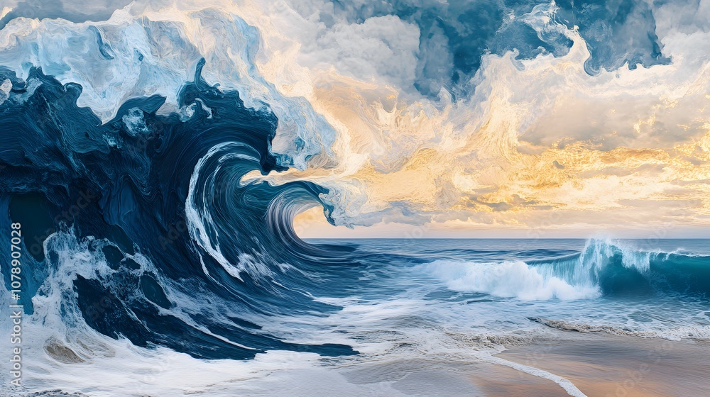 Poster a surreal digital artwork of ocean waves layered with abstract patterns and cosmic textures, creatin
