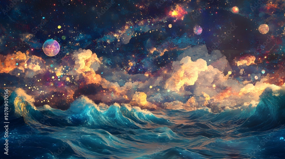 Poster a surreal digital artwork of ocean waves layered with abstract patterns and cosmic textures, creatin