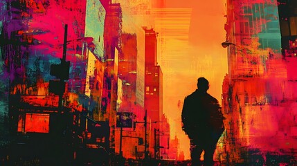 A layered digital collage of cityscape silhouettes, vintage photos, and vibrant paint splashes, creating a bold, urban composition. Cinematic Scene, 4k resolution, cinematic scene