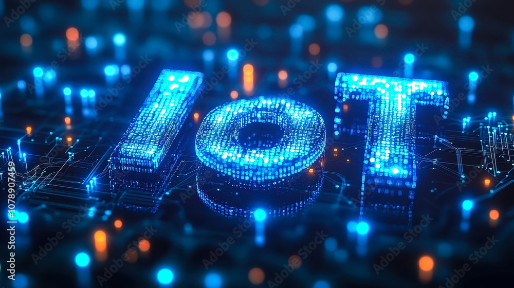 Poster digital matrix binary code forming iot acronym representing internet of things concept