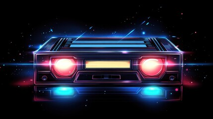 Retro cassette tape glowing in neon colors, highlighting a vintage music theme with vibrant lights and space backdrop, perfect for 80s nostalgia and creative designs.