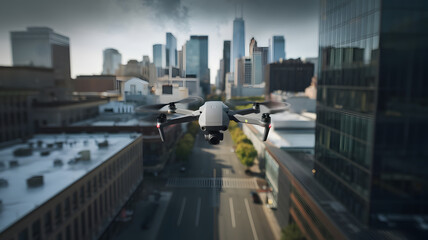 Fototapeta premium Aerial view of city skyline with drone casting shadow over buildings, empty streets symbolizing state of alert.