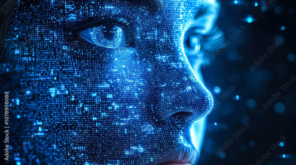 Poster digital face with data streams: ai in facial recognition and security systems