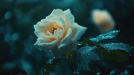 Dew-kissed White Rose Blooming Amidst Lush Green Leaves, Capturing the Essence of Nature's Beauty in a Serene and Tranquil Garden Setting