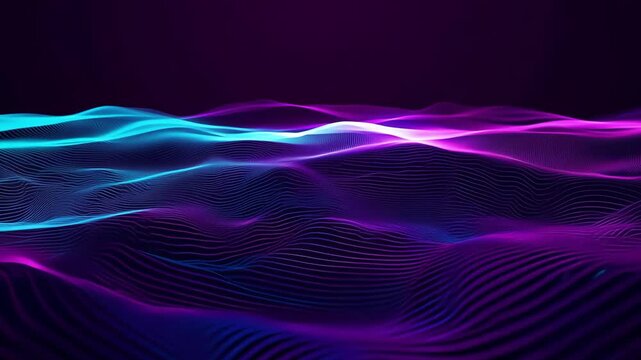 Abstract gradient particle waves seamlessly flowing with soft purple light and bokeh. Orange and blue digital waves. Technology, engineering, science, and artificial intelligence background. 4k loop.