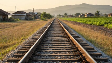Fototapeta premium Serene Rural Landscape Featuring Railroad Tracks Cutting Through Lush Farmland and Rolling Hills at Sunset with Soft Golden Light Illuminating the Scene