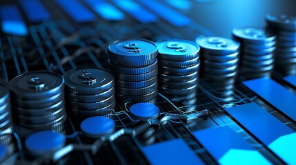 Stack of money coin and laptop computer with trading graph, financial investment concept with blue filter can be use as background
