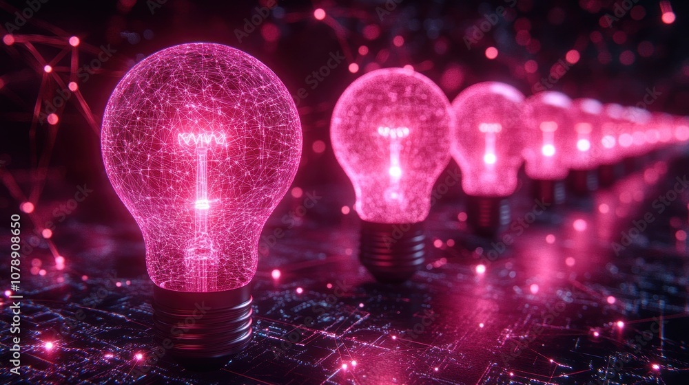 Poster a row of glowing pink lightbulbs on a dark background with a network of connections.