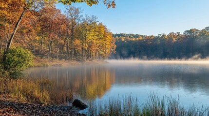 Fototapeta premium Autumnal Forest Lake with Morning Mist