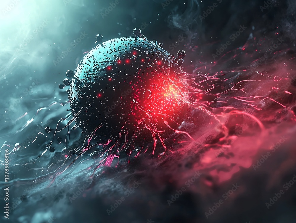 Poster nanobot encapsulating cancer cell with glowing highlights indicating targeting and neutralization pr