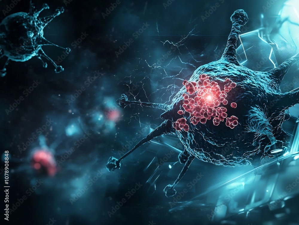 Poster nanobot encapsulating cancer cell with glowing highlights indicating targeting and neutralization pr