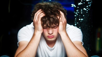 A young man shows signs of distress, holding his head in a dimly lit setting with blurred sparkles in the background, This image can illustrate themes of mental health and emotional struggle,