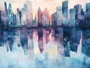 Abstract watercolor background with reflection of the city in the water