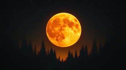 Fototapeta premium A bright orange moon rises above a dark forest silhouette, illuminated against a starry night sky.