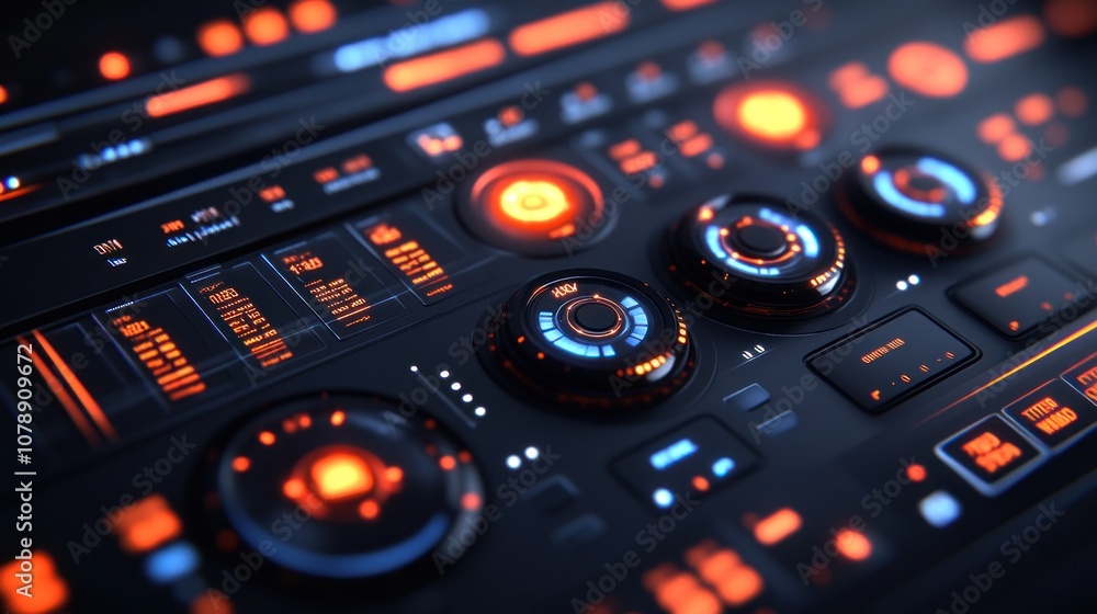 Poster futuristic interface with glowing knobs and buttons.