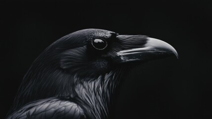 A close-up of a raven's head against a dark background, highlighting its glossy feathers and piercing eye, evoking a sense of mystery and elegance.