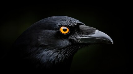 A close-up of a black bird's head featuring striking orange eyes against a dark background, showcasing intricate textures and details.