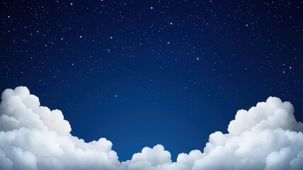 A serene sky filled with stars, framed by soft, fluffy clouds against a deep blue background.