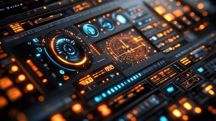 Obraz premium Futuristic interface with glowing orange and blue gauges.