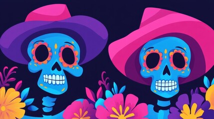 Vibrant sugar skulls inspired by the Day of the Dead, adorned with intricate patterns in bright colors. Each wears a stylish sombrero, set against a backdrop of vivid flowers.