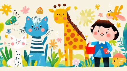 Naklejka premium Colorful Illustration of Children and Animals in a Garden Setting