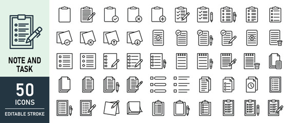 A collection of 50 minimalist note and task icons with editable stroke, featuring various clipboard, checklist, and document designs, perfect for productivity, planning, and organizational projects.