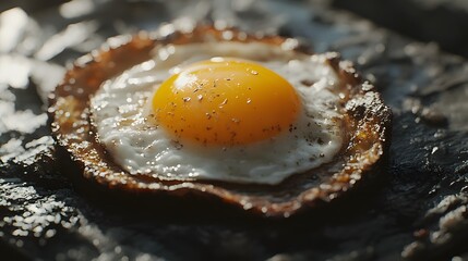 A photorealistic shot of a crispy fried egg with a runny yolk, showing the slightly browned edges and soft, glossy yolk center. Cinematic Scene, 4k resolution, cinematic scene