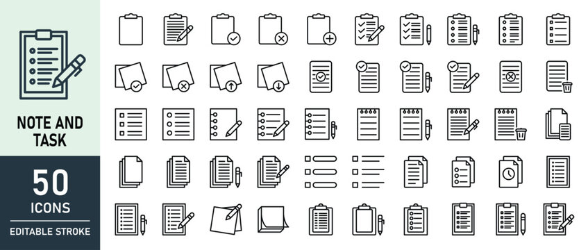 A collection of 50 minimalist note and task icons with editable stroke, featuring various clipboard, checklist, and document designs, perfect for productivity, planning, and organizational projects.