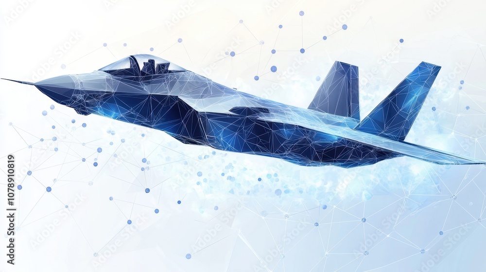 Poster futuristic jet aircraft design with geometric patterns and bright background in an abstract style re