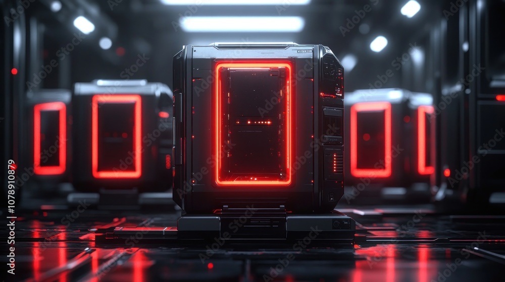 Poster futuristic server racks with glowing red lights in a data center.
