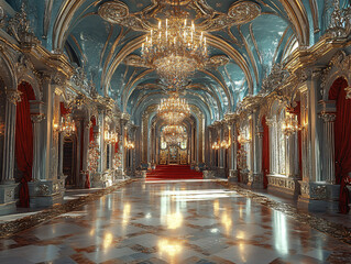 Obraz premium a luxurious library with a high ceiling and ornate decorations. The library is filled with books and has a large window.