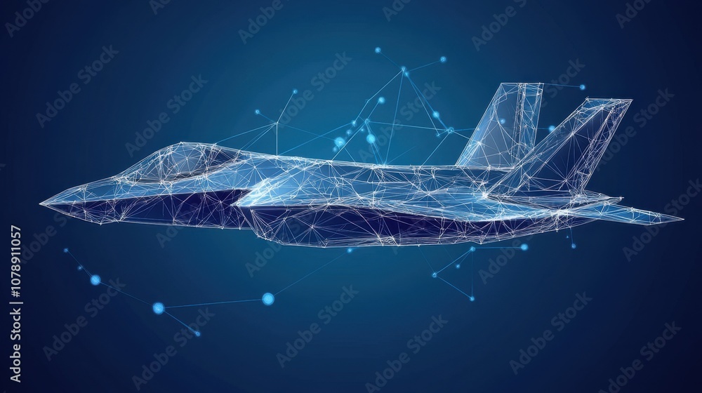 Poster futuristic low-poly representation of a jet aircraft with abstract lines and points on a deep blue b