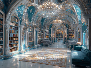 Fototapeta premium a luxurious library with a high ceiling and ornate decorations. The library is filled with books and has a large window.