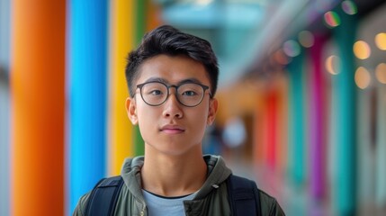 A backdrop of diverse colors illuminates an Asian student's introspective expression, marking his educational achievements